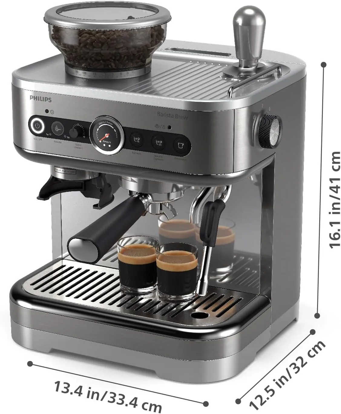 PHILIPS Barista Brew Semi Automatic Espresso Machine - Single & Double Espresso,Americano, 250g Bean Container Grinder Milk Jug with temperature indicator,Calibrated Tamping,Metal Silver (PSA3218/01)
