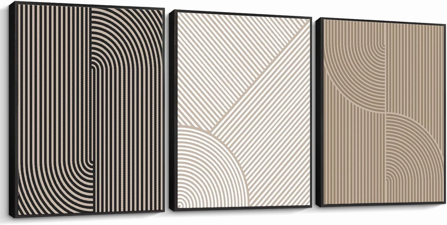 Pigort Modern Abstract Wall Art Framed, Neutral Canvas Wall Art Prints Minimalist Line Wall Decor Black Brown Artwork for Living Room Bedroom, 12x16 Inch, Set of 3