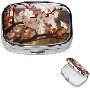 Pill Case with Mirror Retro 2 Compartment Pill Box Plum Tree Blossom Small Pill Organizer for Purse or Pocket Decorative Metal Medicine Vitamin Organizer Unique Gifts