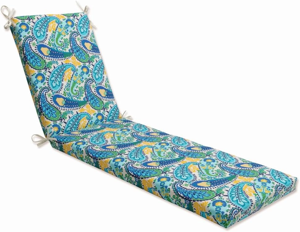 Pillow Perfect Paisley Indoor/Outdoor Solid Back Chaise Lounge Cushion with Ties, Plush Fiber Fill, Weather, and Fade Resistant, 80" x 23", Blue/Green Amalia,