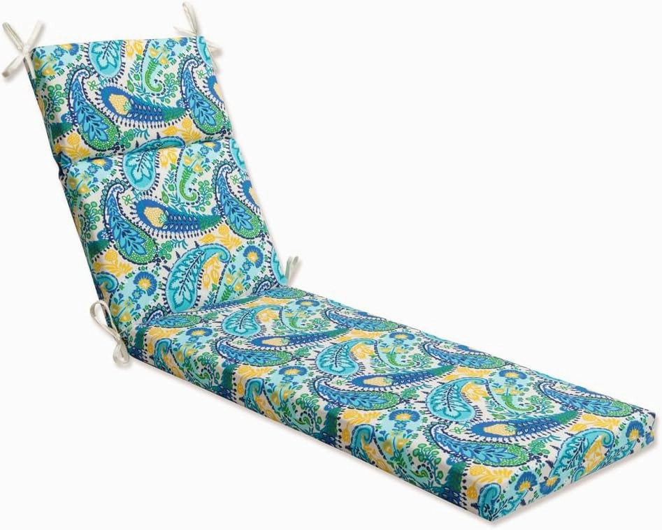 Pillow Perfect Paisley Indoor/Outdoor Split Back Chaise Lounge Cushion with Ties, Plush Fiber Fill, Weather, and Fade Resistant, 72.5" x 21", Blue/Green Amalia,