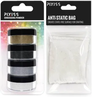 Pixiss Embossing Kit with Anti Static Bag - .15 oz Black, White, Silver, and Gold Embossing Powder Set - for Embossing, Glittering, Card Making, Scrapbooking, and Mixed Media Art