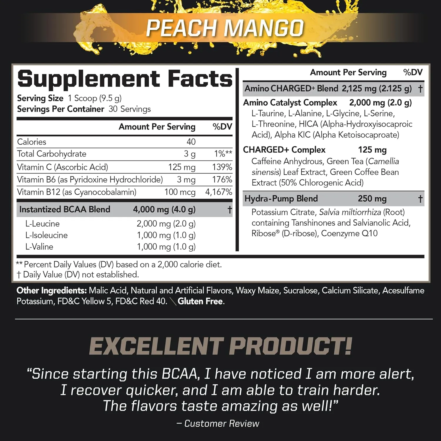 PMD Sports BCAA Charged Delicious Amino Acid Drink Mix for Performance and Recovery - Increase Muscle Function for Workout and Daily Energy - Peach Mango (30 Servings)