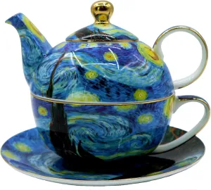 Porcelain 13 OZ Tea for One Teapot and Cup Set Vintage Floral Ceramic Tea Set European Style Tea pot and Saucer Set (Starry Sky)