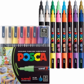 posca uni-ball Uni Permanent Specialty Marker, Fine Bullet Tip, Assorted Colors,16/Pack (PC3M16C)