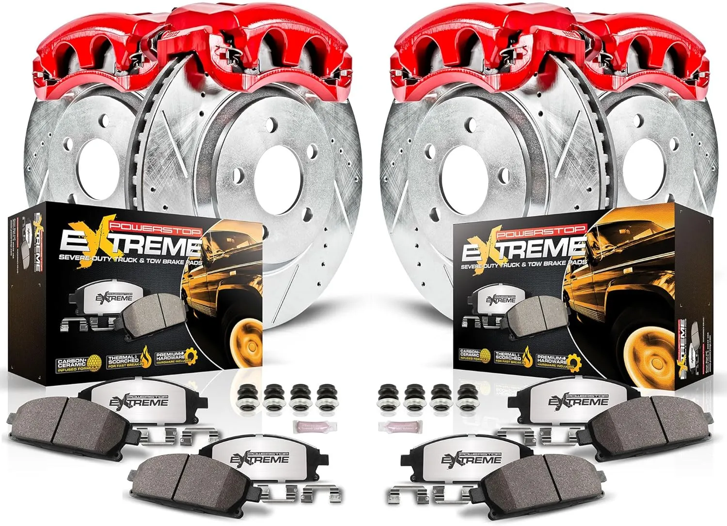 Power Stop KC2164A-36 Front & Rear Z36 Truck and Tow Carbon Fiber Ceramic Brake Pads with Drilled and Slotted Rotors Brake Kit with Calipers For Dodge Ram 1500 Durango Aspen