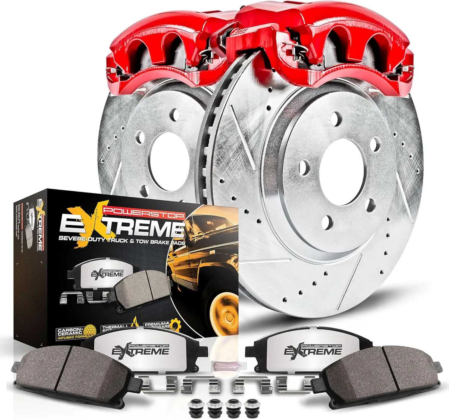 Power Stop KC6258-36 Z36 Truck and Tow Brake Pads with Drilled and Slotted Rotors Kit with Calipers For Suburban 3500 Sierra 2500 3500