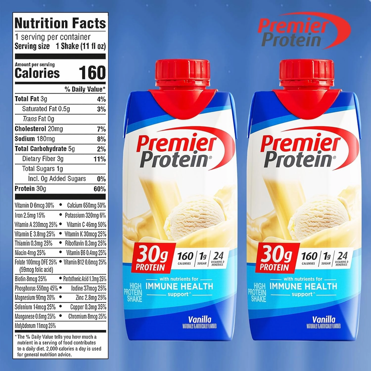 Premier Protein High Protein Shakes Vanilla - 160 Calories - 24 Vitamins & Minerals - 30 g Protein - Ready Set Gourmet Donate a Meal Program - 1 Case (11 fl. oz, 10 pk Each)