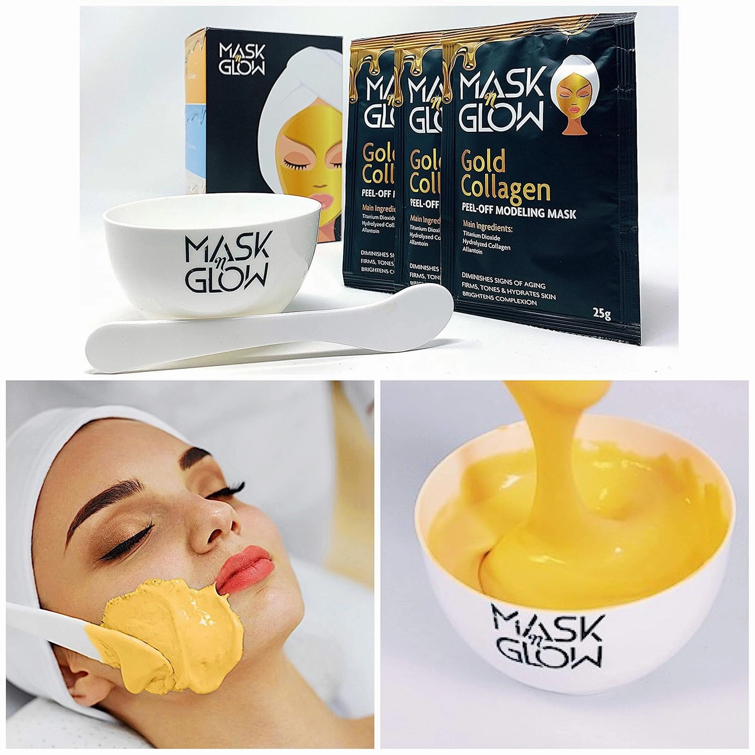 Premium Gold Collagen Modeling Peel-Off Mask"Rubber Mask" (Pack of 3 With Bowl & Spatula), Diminishes Signs of Aging, Firms & Tones Skin, Brightens Complexion, 25g. Made In Korea (3 Pack)