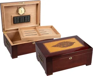 Prestige Import Group 150 Capacity Stetson Inlay Design Laid Across Light Mappa Wood Cigar Humidor with - High Gloss Dark Burl Finish