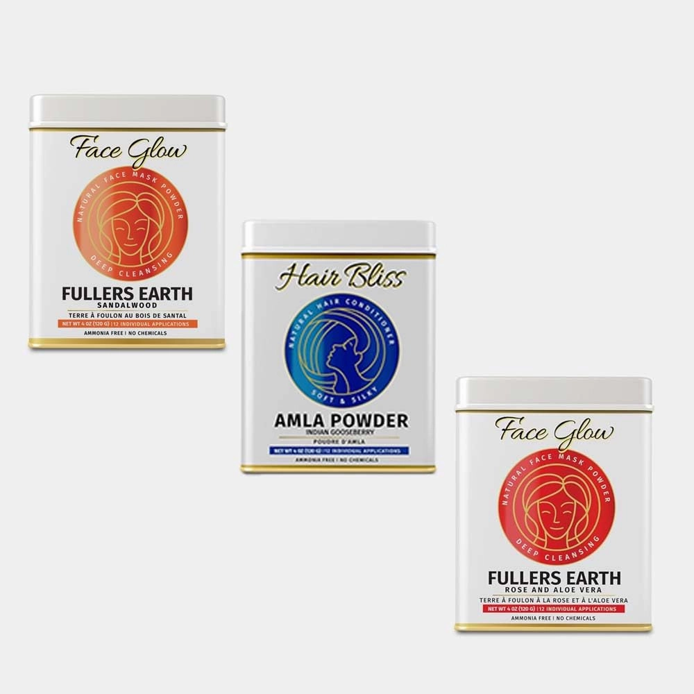 Pride Of India Glow & Nourish Pack 12.7 oz (360 gm) 3 Products | Fuller’s Earth Sandalwood Rose, Rose-Aloe Vera Face Mask & Gooseberry Hair & Skin Conditioning Powder