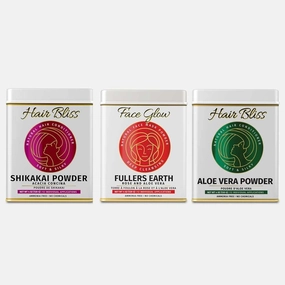 Pride Of India Hair & Skin Wellness Pack 12.7 oz (360 gm) | Includes 3 Products | Shikakai, Aloe Vera Hair & Skin Conditioning Powder, Fuller’s Earth Rose-Aloe Vera Face Mask