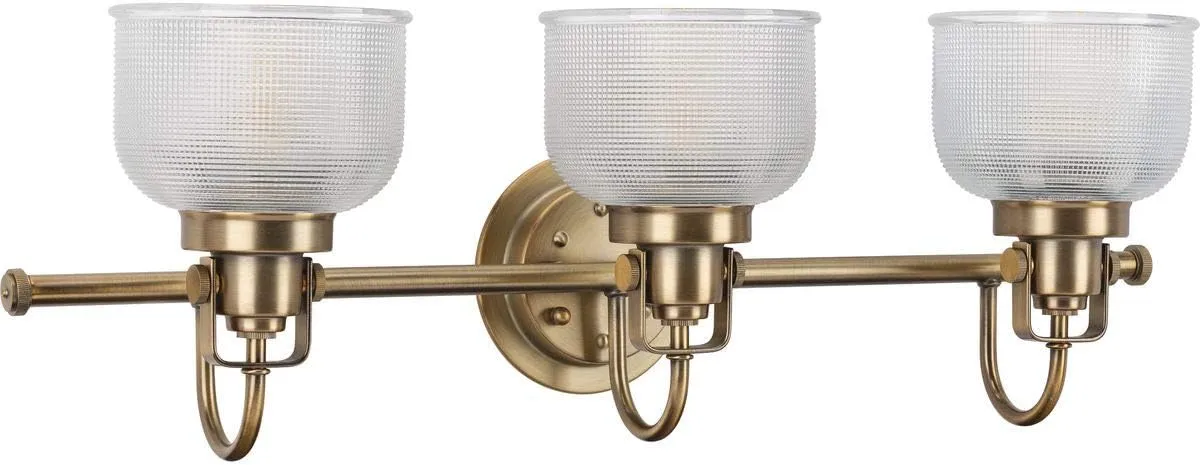 Progress Lighting P2992-163 Archie Collection Clear Double Prismatic Glass Coastal Bath Vanity, 3-Light, Vintage Brass