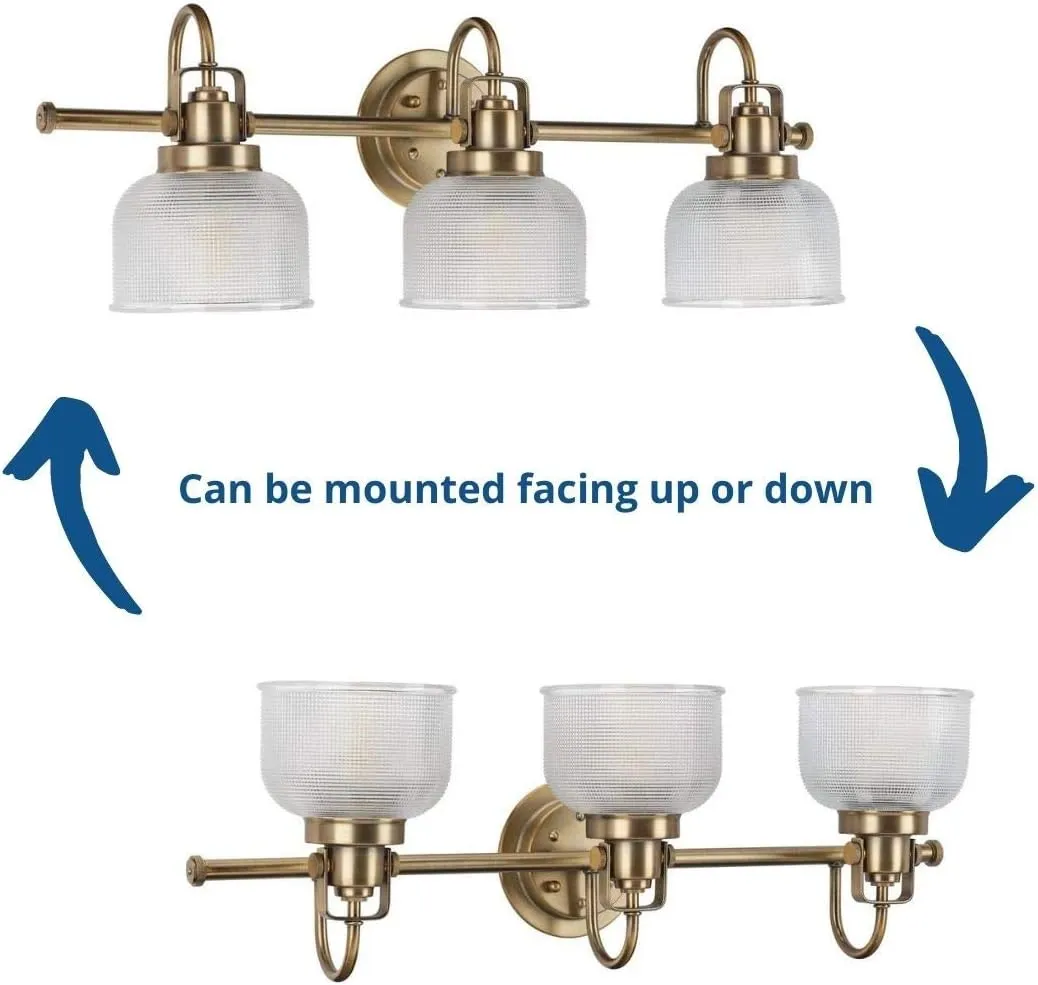 Progress Lighting P2992-163 Archie Collection Clear Double Prismatic Glass Coastal Bath Vanity, 3-Light, Vintage Brass