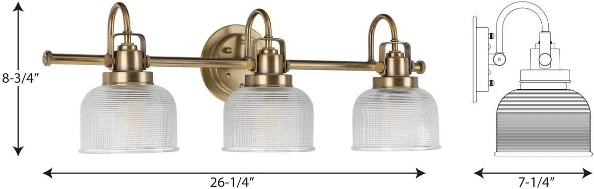 Progress Lighting P2992-163 Archie Collection Clear Double Prismatic Glass Coastal Bath Vanity, 3-Light, Vintage Brass