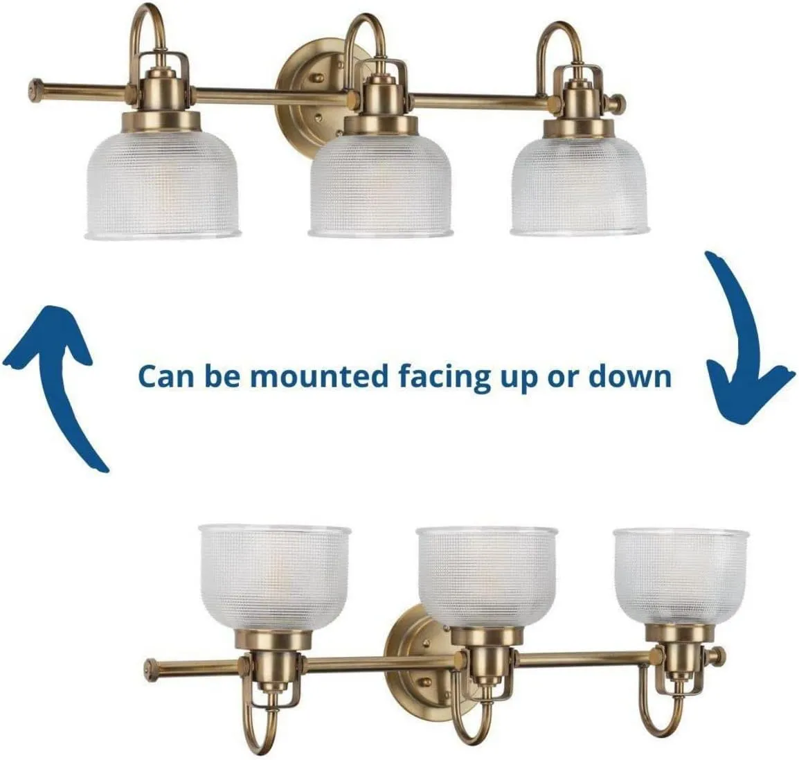 Progress Lighting P2992-163 Archie Collection Clear Double Prismatic Glass Coastal Bath Vanity, 3-Light, Vintage Brass