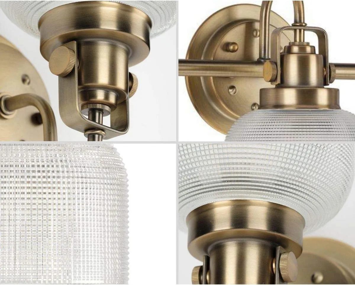 Progress Lighting P2992-163 Archie Collection Clear Double Prismatic Glass Coastal Bath Vanity, 3-Light, Vintage Brass