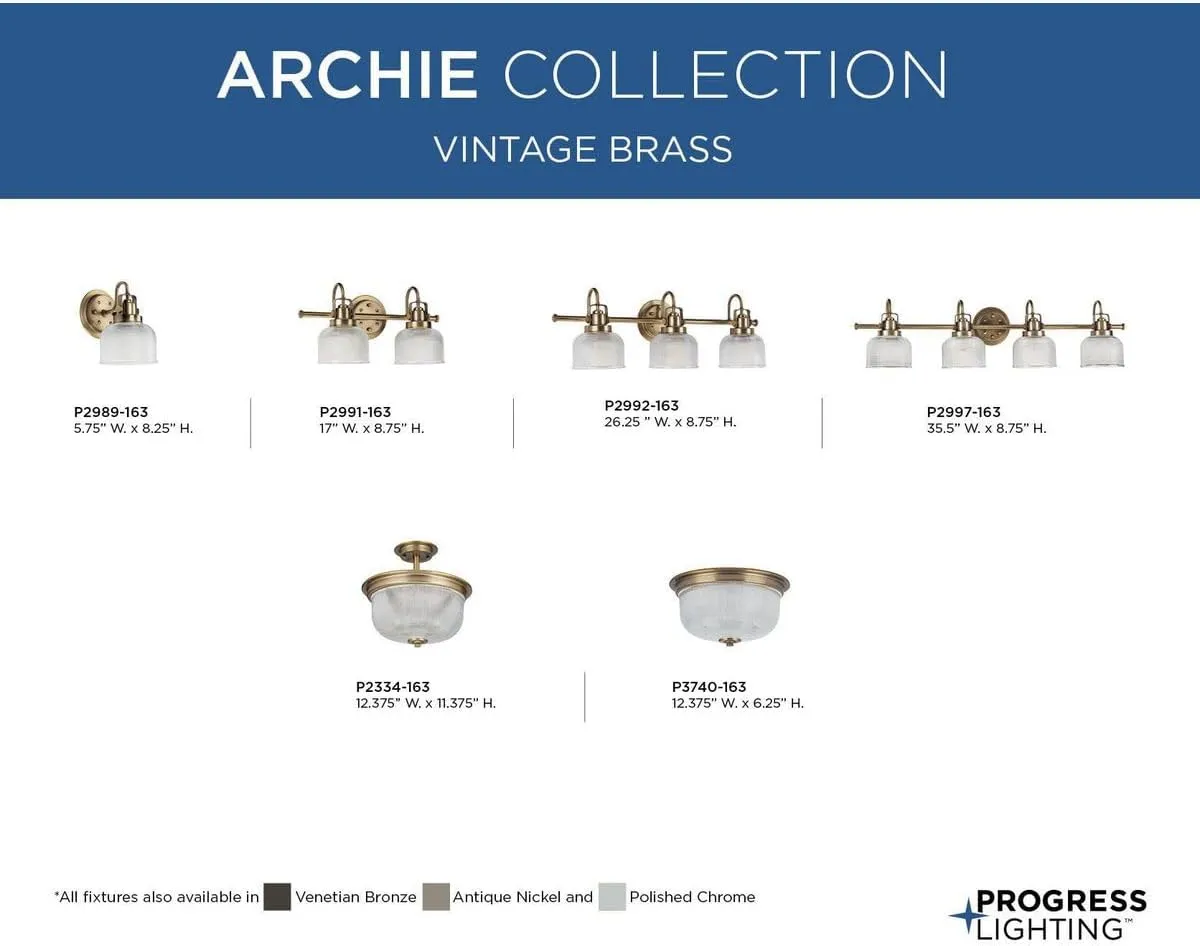 Progress Lighting P2992-163 Archie Collection Clear Double Prismatic Glass Coastal Bath Vanity, 3-Light, Vintage Brass
