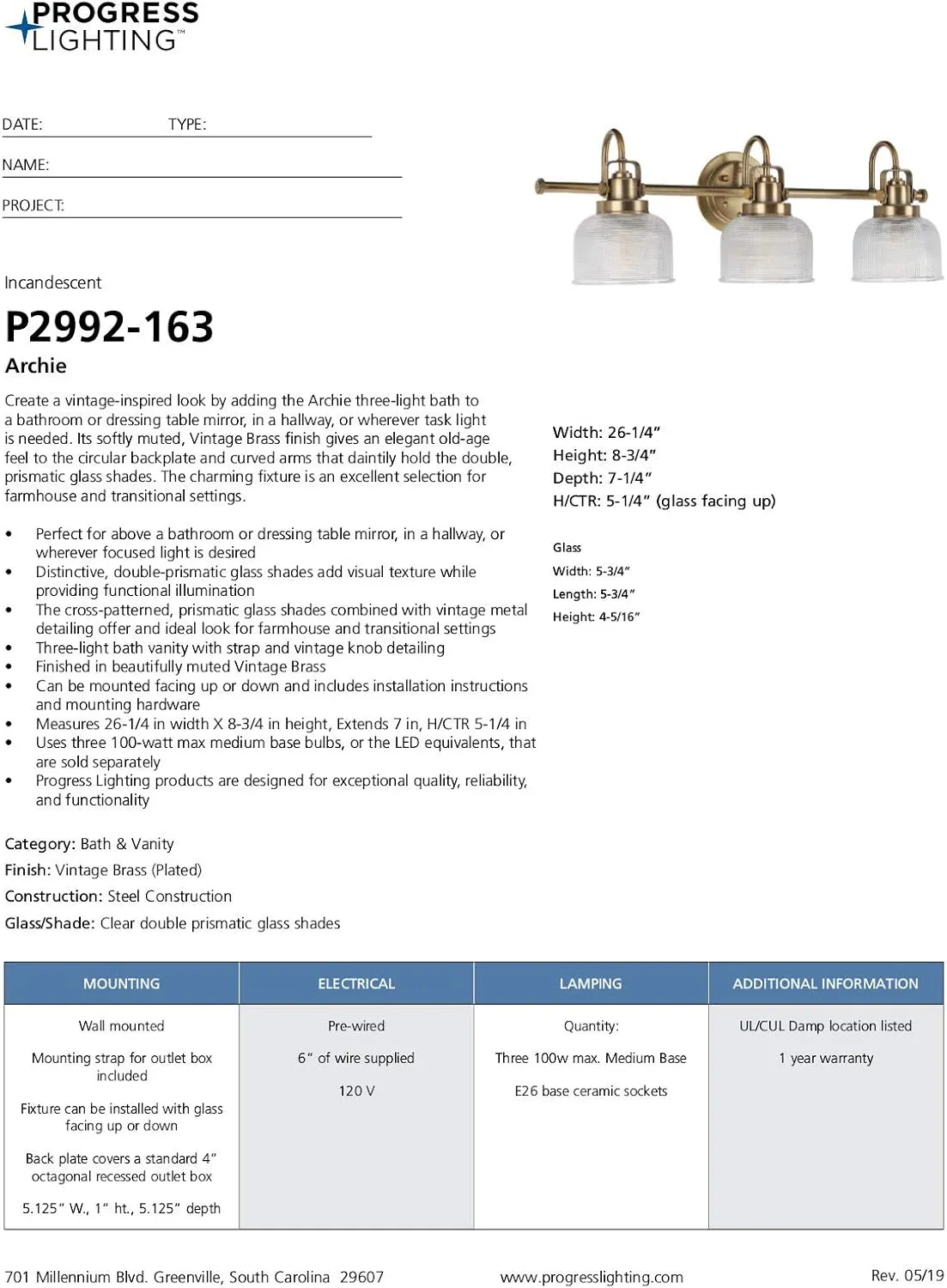 Progress Lighting P2992-163 Archie Collection Clear Double Prismatic Glass Coastal Bath Vanity, 3-Light, Vintage Brass