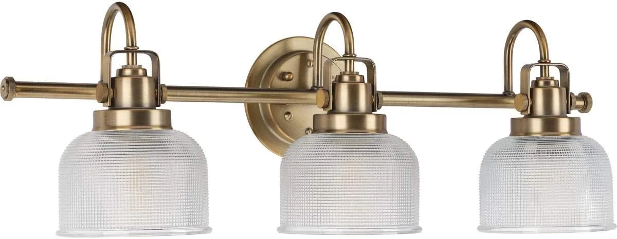 Progress Lighting P2992-163 Archie Collection Clear Double Prismatic Glass Coastal Bath Vanity, 3-Light, Vintage Brass