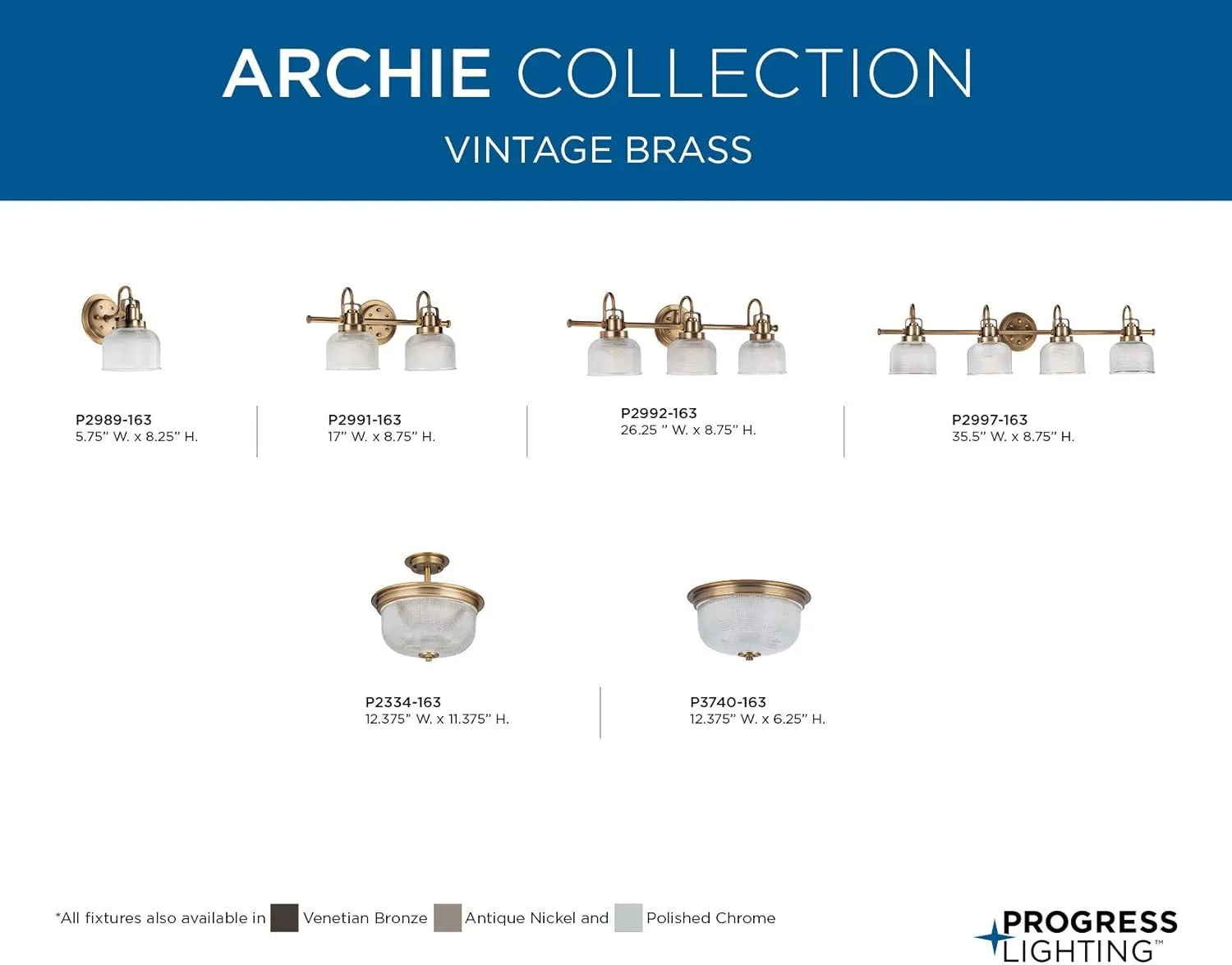 Progress Lighting P2992-163 Archie Collection Clear Double Prismatic Glass Coastal Bath Vanity, 3-Light, Vintage Brass