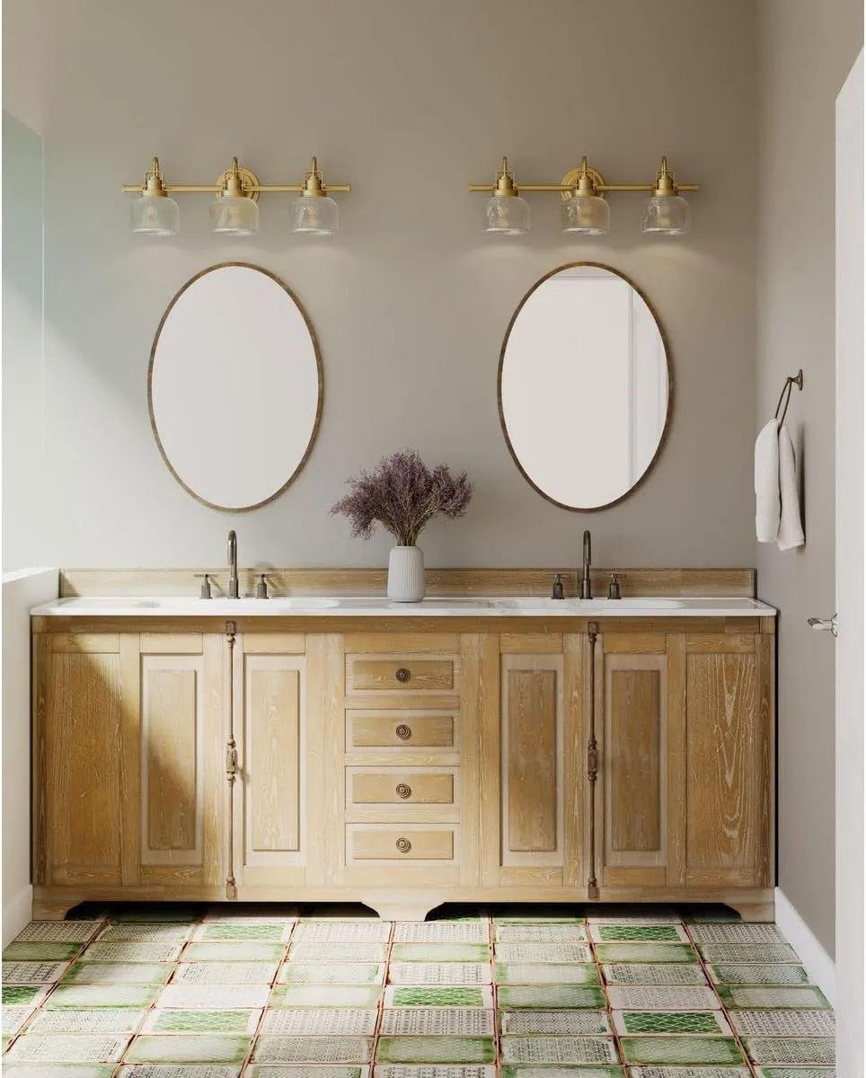 Progress Lighting P2992-163 Archie Collection Clear Double Prismatic Glass Coastal Bath Vanity, 3-Light, Vintage Brass