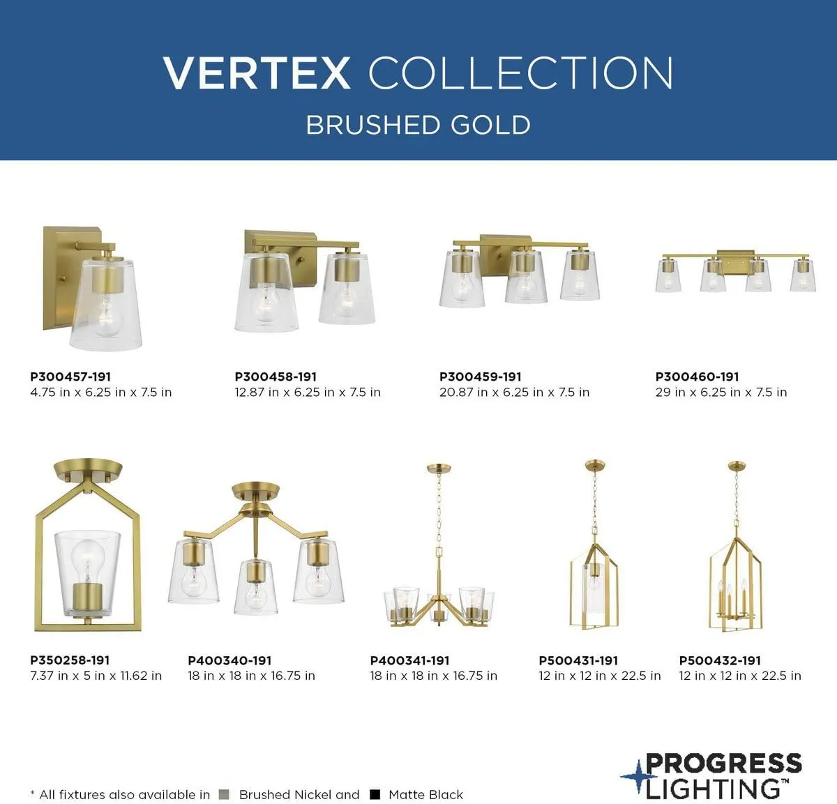 Progress Lighting Vertex Collection Three-Light Brushed Gold Clear Glass Contemporary Bath Light (P300459-191)