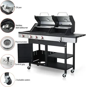 Propane Gas Grill and Charcoal Grill Combo, with Side Burner & Porcelain-Enameled Cast Iron Grate and Wheels, Dual Fuel BBQ Grill for Outdoor Kitchen & Backyard Barbecue