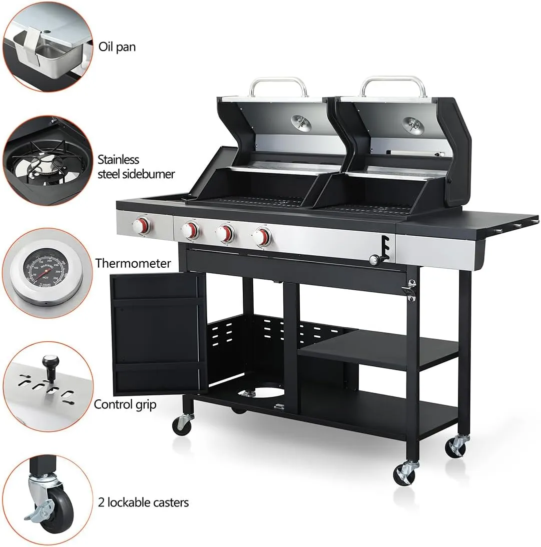 Propane Gas Grill and Charcoal Grill Combo, with Side Burner & Porcelain-Enameled Cast Iron Grate and Wheels, Dual Fuel BBQ Grill for Outdoor Kitchen & Backyard Barbecue