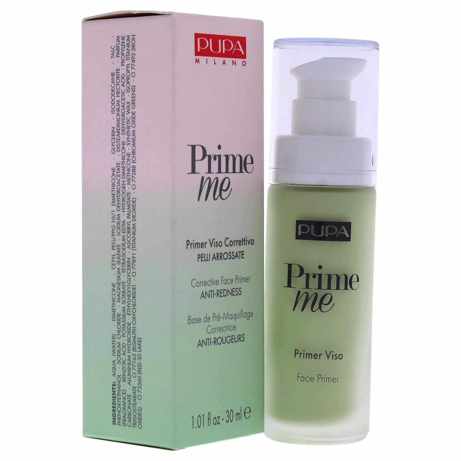PUPA Milano Prime Me Corrective Anti-Redness Face Primer - Evens Out The Skin Tone And Gives It A Neutral Undertone - For Makeup That Lasts Longer - Oil And Alcohol Free - 003 Green - 1.01 Oz