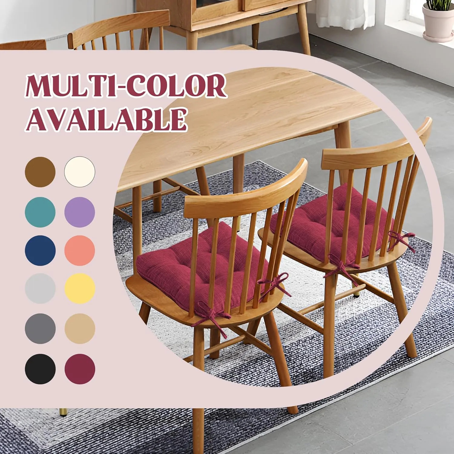 puredown® Chair Cushions for Dining Chairs, Tufted Memory Foam Chair Pads with Non-Slip Backing, Kitchen Seat Cushions with Ties, Washable Seat Pad Set of 4, 15.5" x 15.5" x 4", Wine