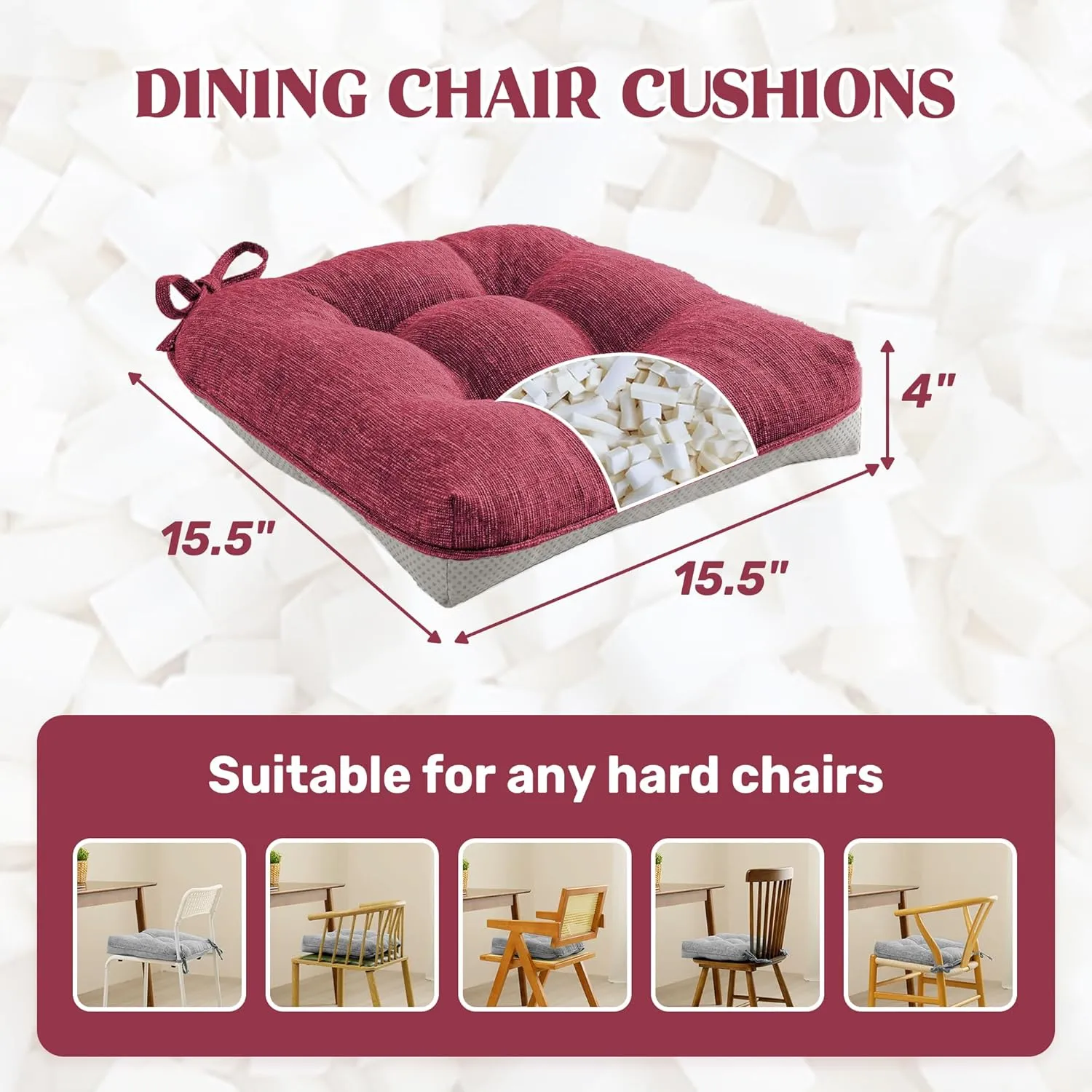 puredown® Chair Cushions for Dining Chairs, Tufted Memory Foam Chair Pads with Non-Slip Backing, Kitchen Seat Cushions with Ties, Washable Seat Pad Set of 4, 15.5" x 15.5" x 4", Wine
