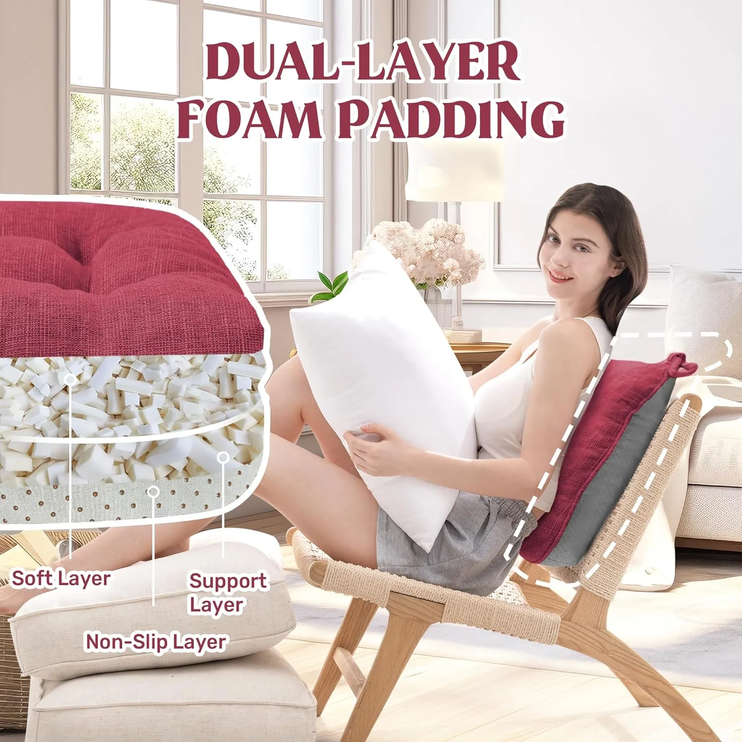 puredown® Chair Cushions for Dining Chairs, Tufted Memory Foam Chair Pads with Non-Slip Backing, Kitchen Seat Cushions with Ties, Washable Seat Pad Set of 4, 15.5" x 15.5" x 4", Wine