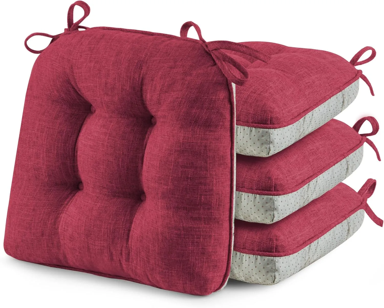 puredown® Chair Cushions for Dining Chairs, Tufted Memory Foam Chair Pads with Non-Slip Backing, Kitchen Seat Cushions with Ties, Washable Seat Pad Set of 4, 15.5" x 15.5" x 4", Wine