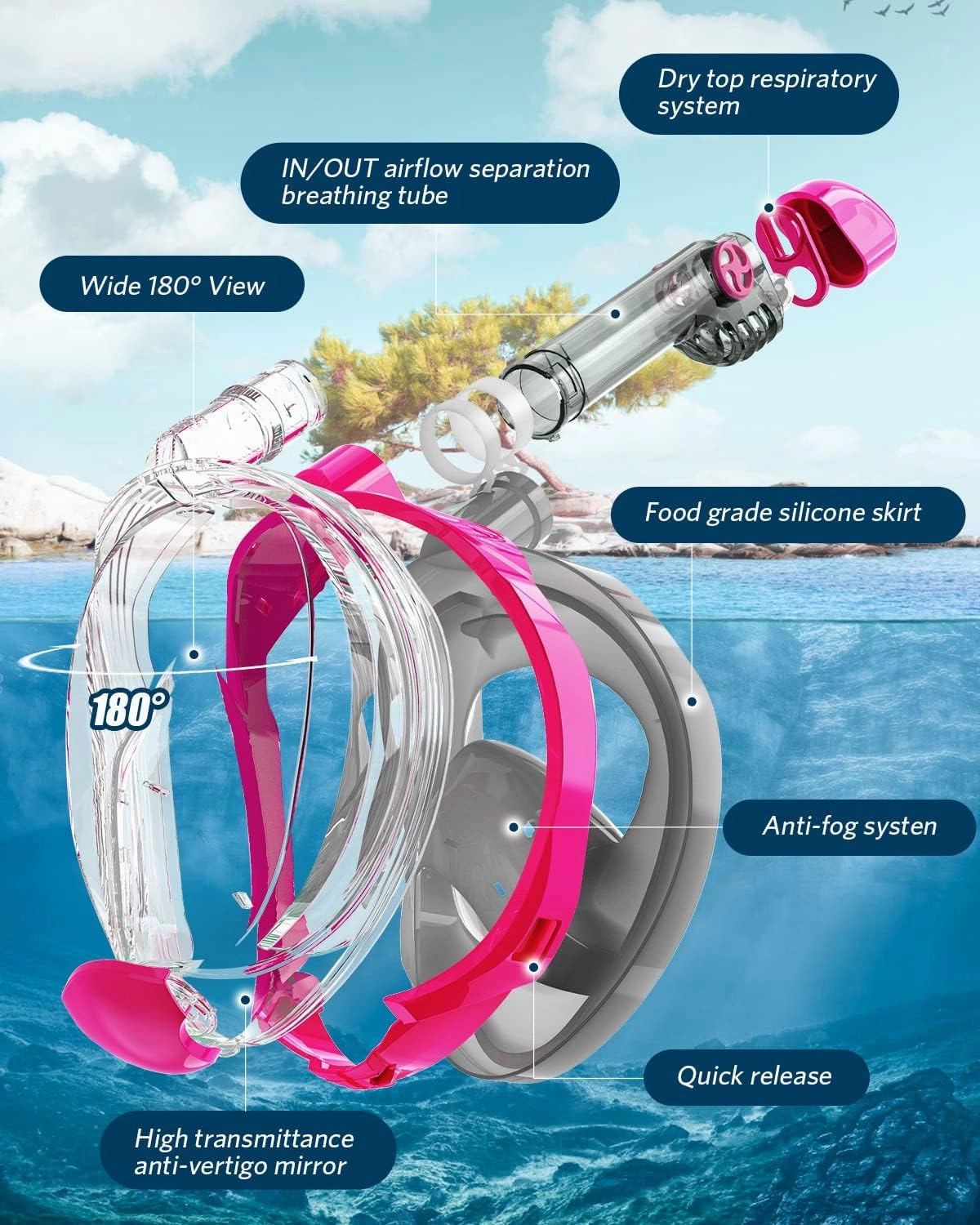 QingSong Full Face Snorkel Mask for Adults, Snorkeling Gear with Camera Mount, 180 Degree Panoramic View Snorkel Set Anti-Fog Anti-Leak