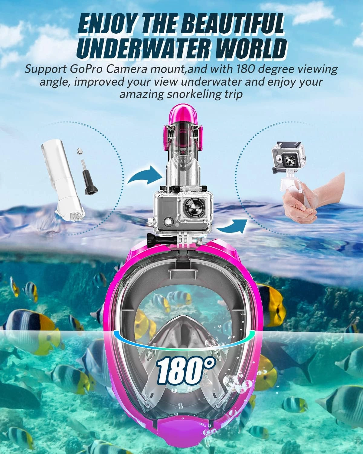 QingSong Full Face Snorkel Mask for Adults, Snorkeling Gear with Camera Mount, 180 Degree Panoramic View Snorkel Set Anti-Fog Anti-Leak