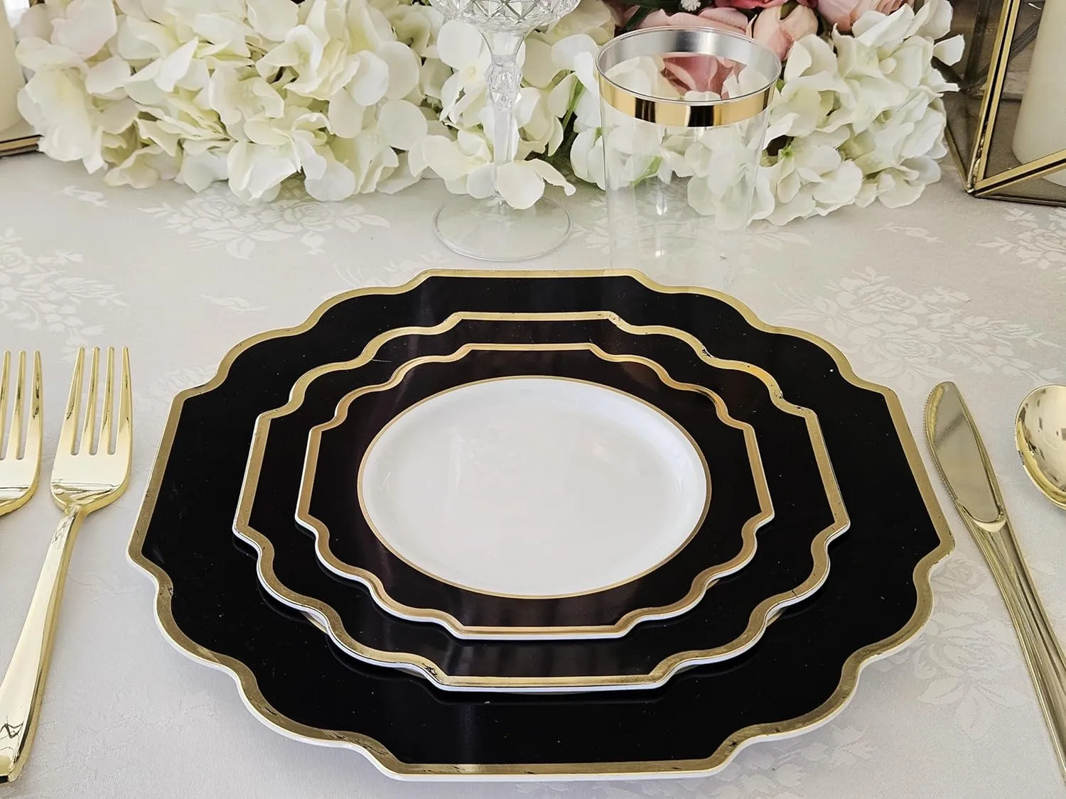" OCCASIONS " 150 Piece set (25 Guests)-Wedding Plastic Plates & cutlery -Disposable heavyweight Dinnerware 10.5'', 8''   Silverware w/double fork (Imperial in White/Black & Gold)