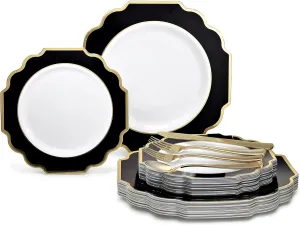 " OCCASIONS " 150 Piece set (25 Guests)-Wedding Plastic Plates & cutlery -Disposable heavyweight Dinnerware 10.5'', 8''   Silverware w/double fork (Imperial in White/Black & Gold)