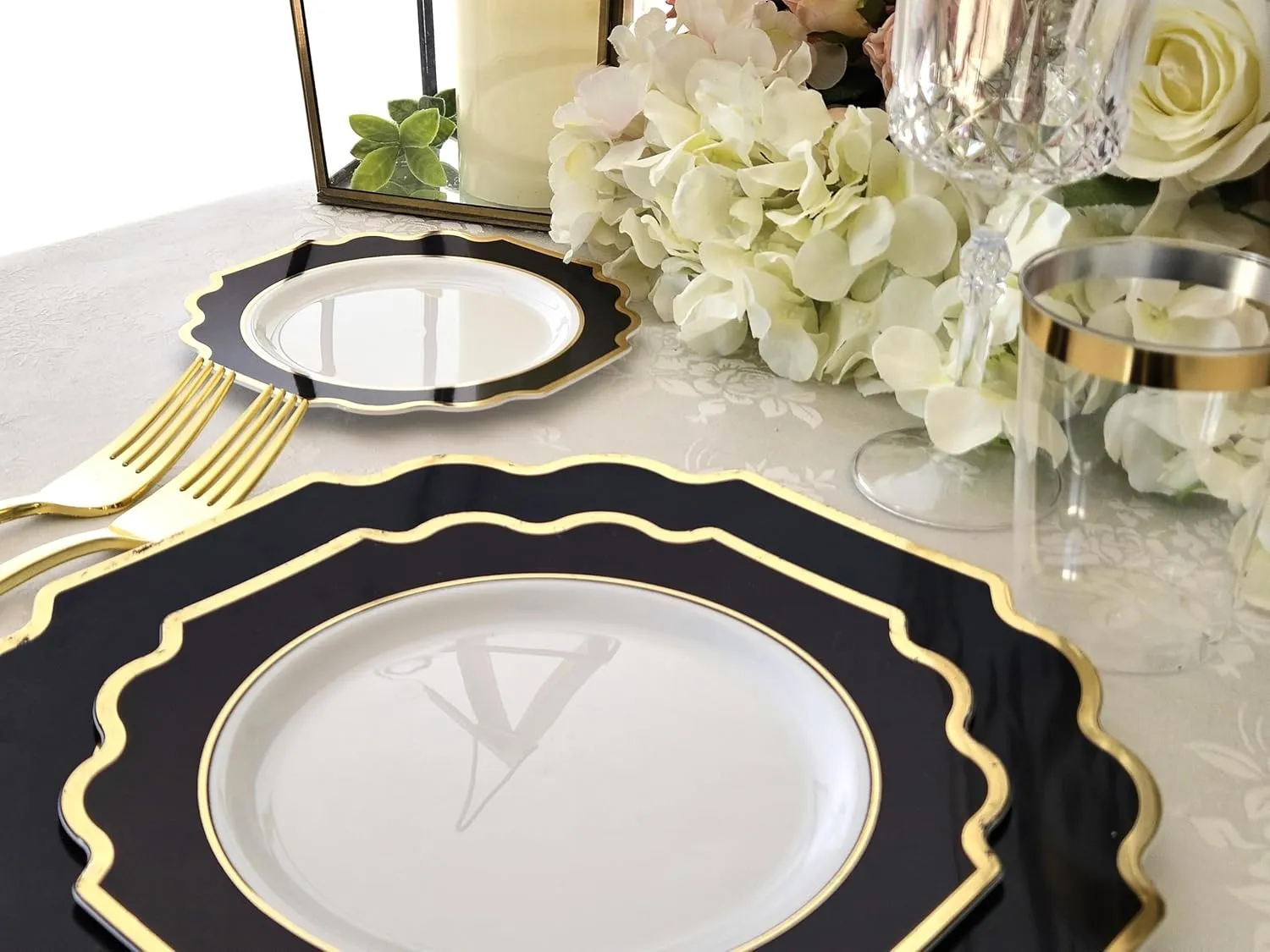 " OCCASIONS " 150 Piece set (25 Guests)-Wedding Plastic Plates & cutlery -Disposable heavyweight Dinnerware 10.5'', 8''   Silverware w/double fork (Imperial in White/Black & Gold)