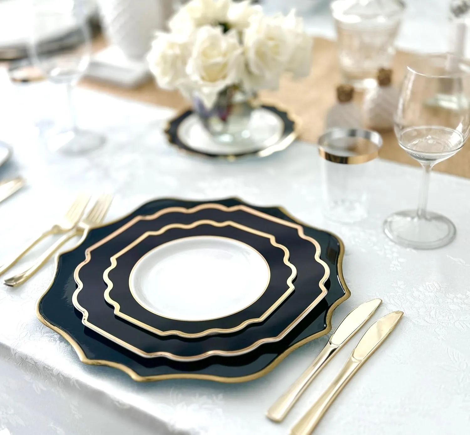 " OCCASIONS " 150 Piece set (25 Guests)-Wedding Plastic Plates & cutlery -Disposable heavyweight Dinnerware 10.5'', 8''   Silverware w/double fork (Imperial in White/Black & Gold)