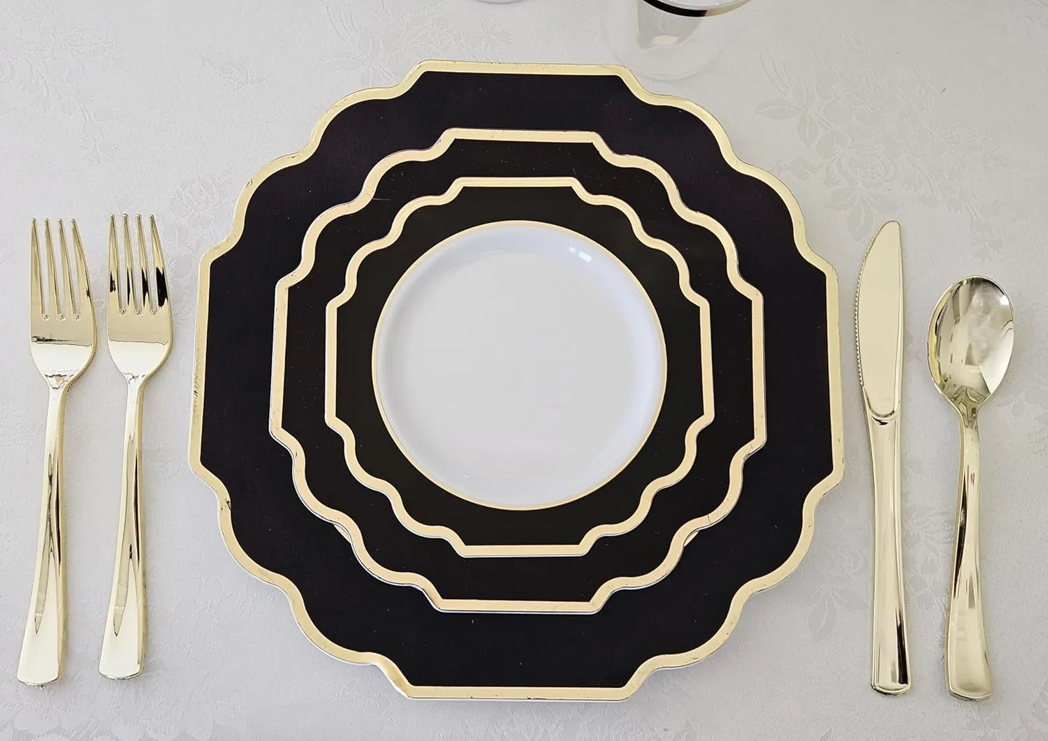 " OCCASIONS " 150 Piece set (25 Guests)-Wedding Plastic Plates & cutlery -Disposable heavyweight Dinnerware 10.5'', 8''   Silverware w/double fork (Imperial in White/Black & Gold)