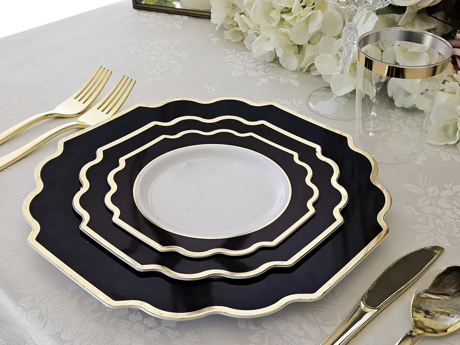 " OCCASIONS " 150 Piece set (25 Guests)-Wedding Plastic Plates & cutlery -Disposable heavyweight Dinnerware 10.5'', 8''   Silverware w/double fork (Imperial in White/Black & Gold)