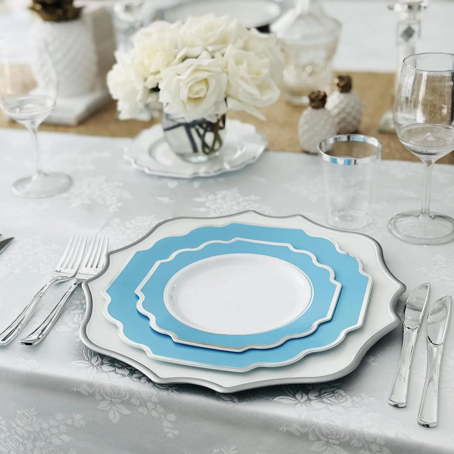 " OCCASIONS " 150 Piece set (25 Guests)-Wedding Plastic Plates & cutlery -Disposable heavyweight Dinnerware 10.5'',8'' Silverware w/double fork (Imperial Turquoise Blue/Green & Silver)