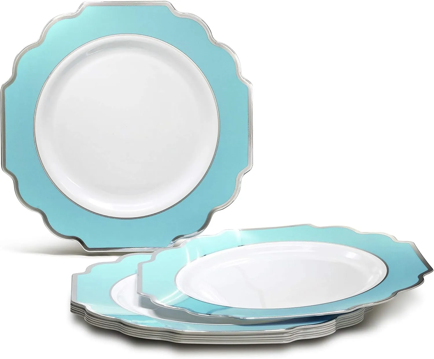" OCCASIONS " 150 Piece set (25 Guests)-Wedding Plastic Plates & cutlery -Disposable heavyweight Dinnerware 10.5'',8'' Silverware w/double fork (Imperial Turquoise Blue/Green & Silver)