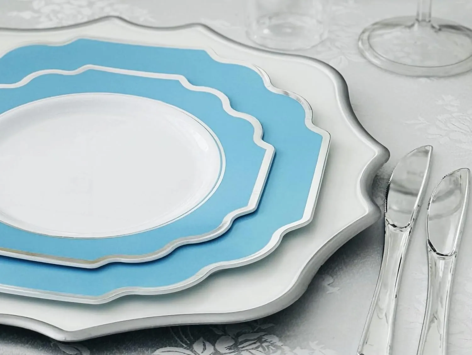 " OCCASIONS " 150 Piece set (25 Guests)-Wedding Plastic Plates & cutlery -Disposable heavyweight Dinnerware 10.5'',8'' Silverware w/double fork (Imperial Turquoise Blue/Green & Silver)
