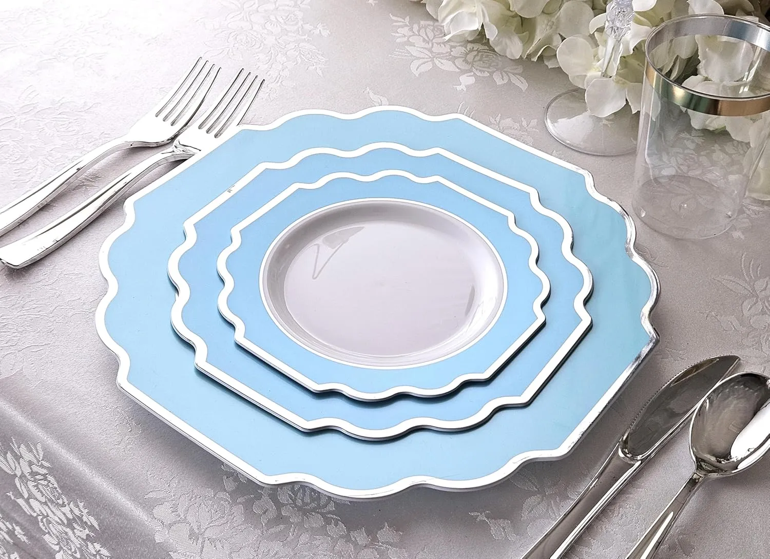" OCCASIONS " 150 Piece set (25 Guests)-Wedding Plastic Plates & cutlery -Disposable heavyweight Dinnerware 10.5'',8'' Silverware w/double fork (Imperial Turquoise Blue/Green & Silver)