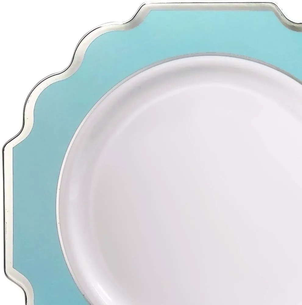 " OCCASIONS " 150 Piece set (25 Guests)-Wedding Plastic Plates & cutlery -Disposable heavyweight Dinnerware 10.5'',8'' Silverware w/double fork (Imperial Turquoise Blue/Green & Silver)