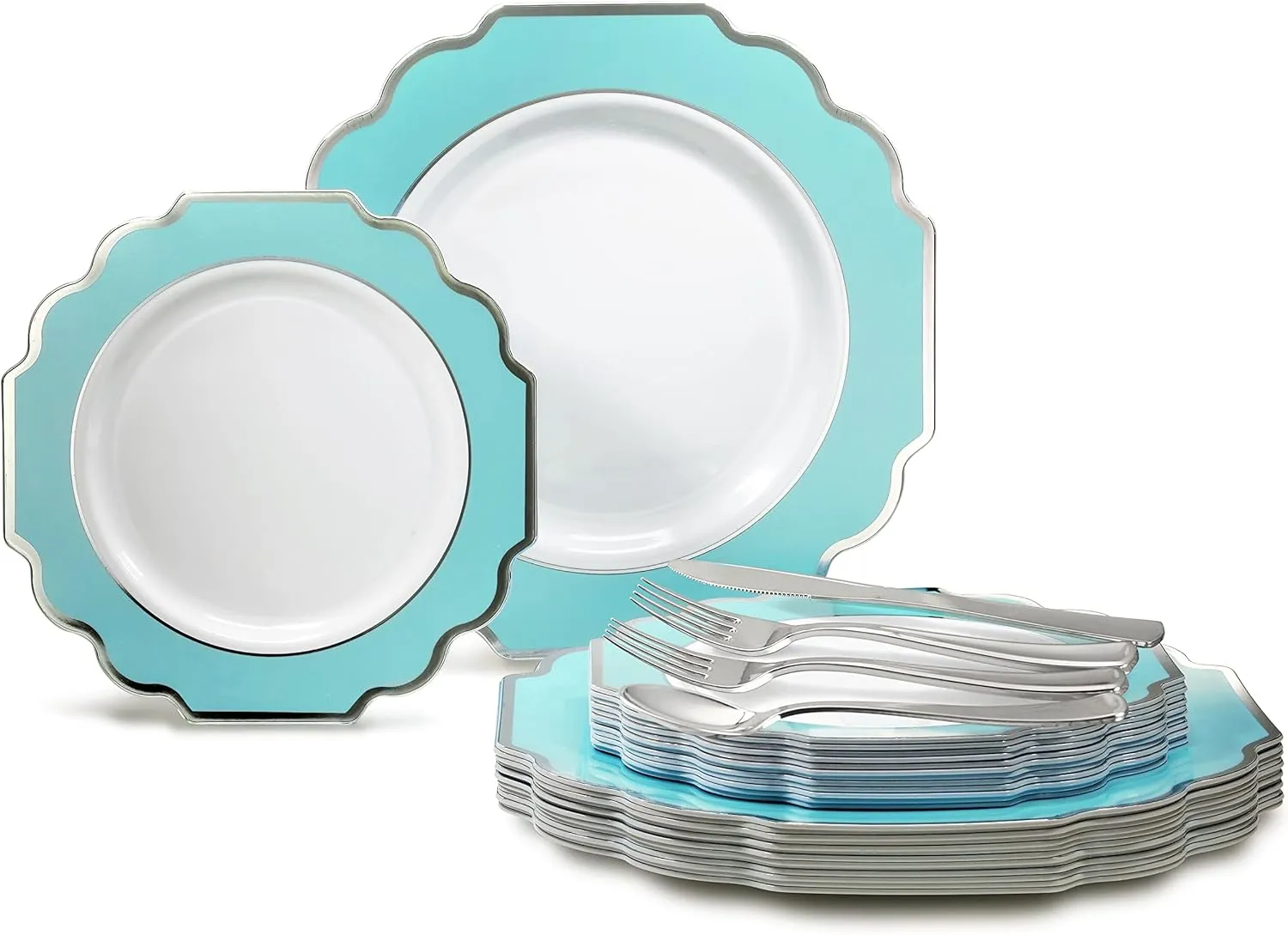 " OCCASIONS " 150 Piece set (25 Guests)-Wedding Plastic Plates & cutlery -Disposable heavyweight Dinnerware 10.5'',8'' Silverware w/double fork (Imperial Turquoise Blue/Green & Silver)
