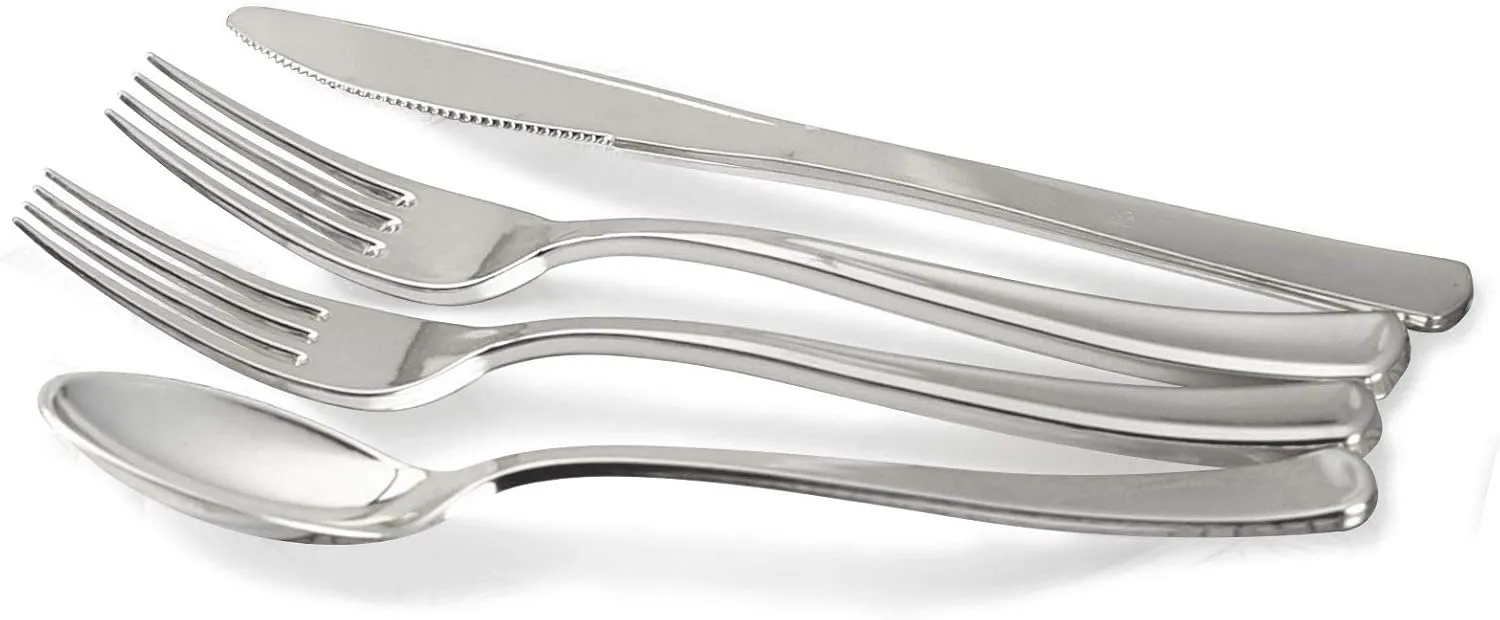 " OCCASIONS " 150 Piece set (25 Guests)-Wedding Plastic Plates & cutlery -Disposable heavyweight Dinnerware 10.5'',8'' Silverware w/double fork (Imperial Turquoise Blue/Green & Silver)