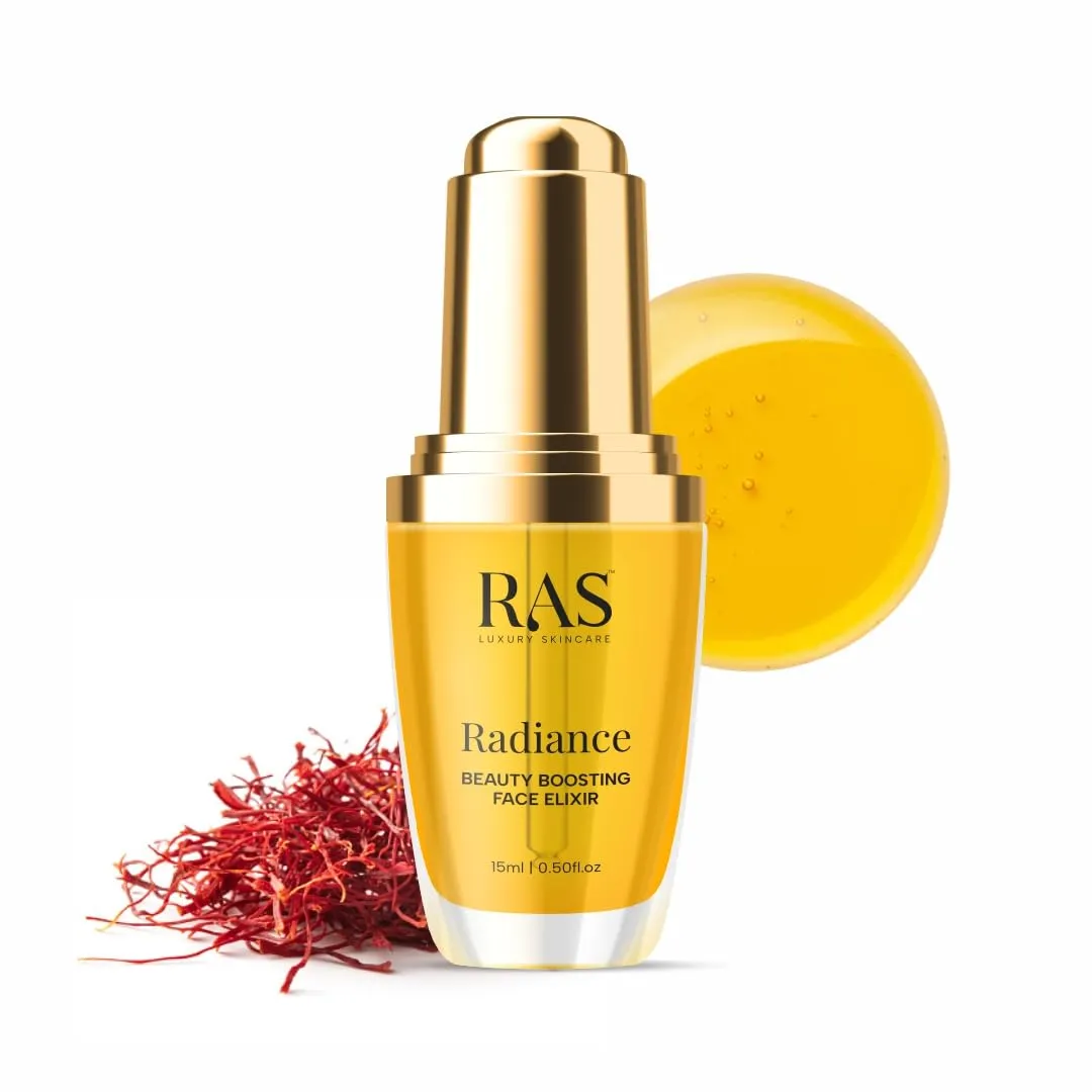 Radiance Beauty-Boosting Face Elixir, Hydrating Moisturiser Face Serum for Skin with Organic Blend of Rosehip oil, Fast Absorbing, Non-Sticky, Golden Glowing Skin - 0.51 Fl Oz - RAS LUXURY OILS